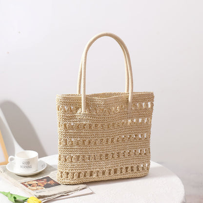 Ielgy Large-Capacity Straw Bag Hollow Classy One-Shoulder Portable Woven Female Bag Vacation Rattan