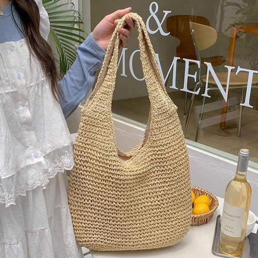 Ielgy Seaside Vacation Straw Bag Beach Bag One Shoulder Mori Style Hand-woven Bag Large Capacity