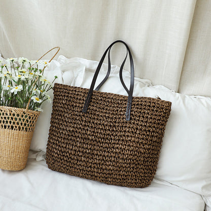 Ielgy Summer Pastoral Style Woven Beach Bag Leisure Seaside Vacation Portable Female Bag Large Capacity Straw Woven