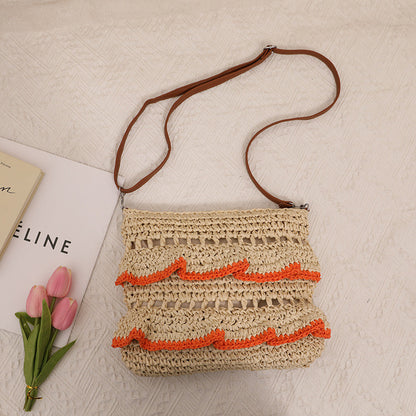 Ielgy Cross-Body Lace Straw Bag Ruffled Colorful Woven Bag Seaside Beach Vacation Bag