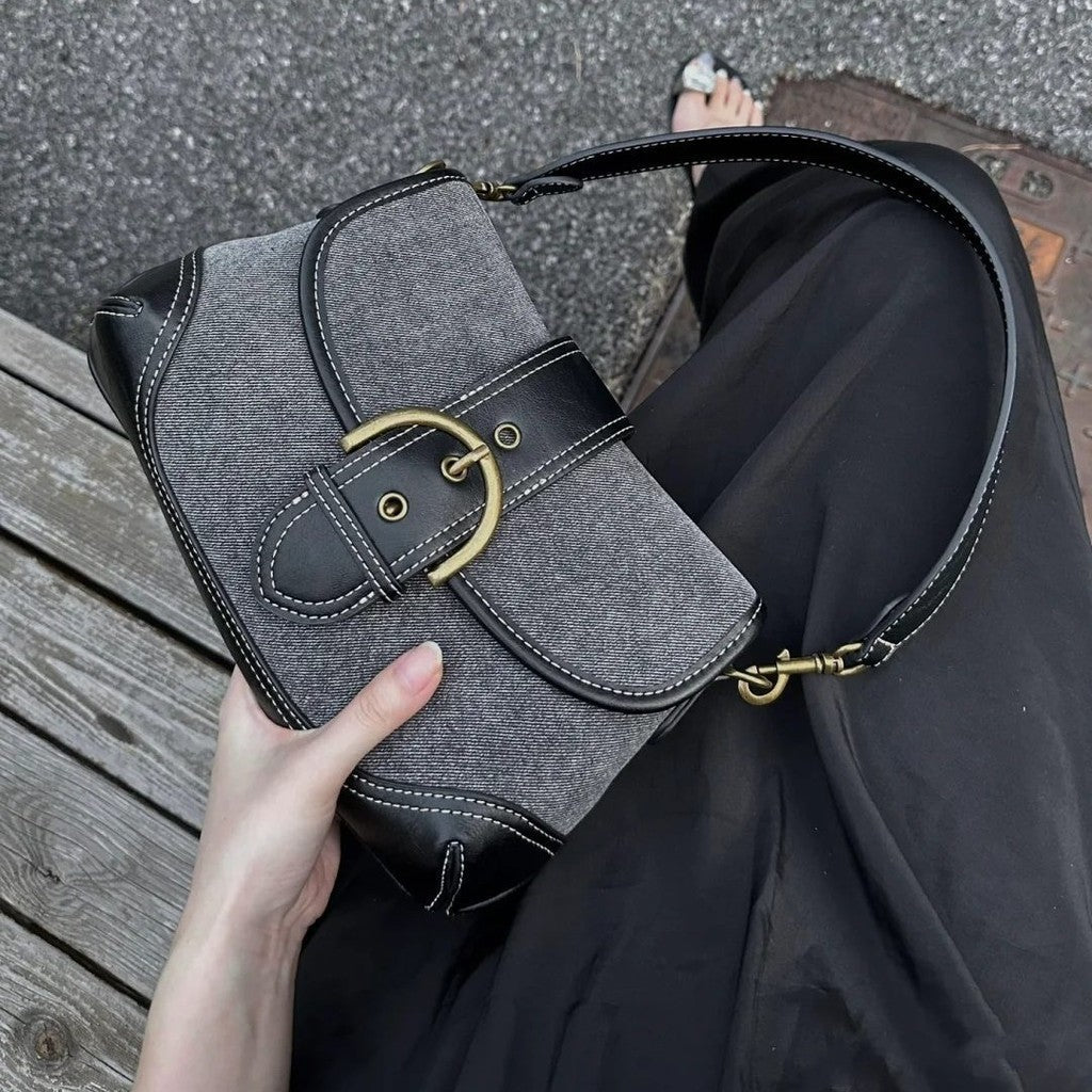 Ielgy Ladies Denim Underarm Bag High-End Texture Niche Commuter Retro Stitching Shoulder Handbag