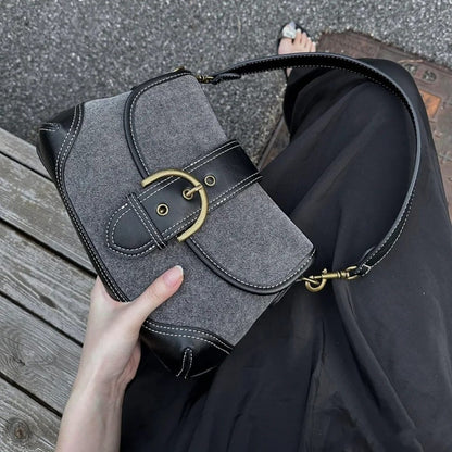 Ielgy Ladies Denim Underarm Bag High-End Texture Niche Commuter Retro Stitching Shoulder Handbag