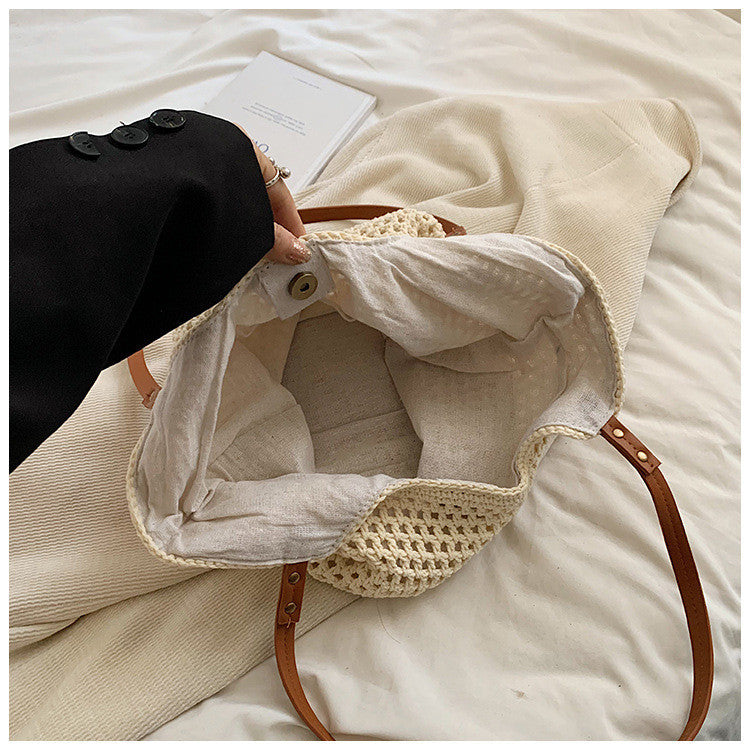 Ielgy Ladies Large-Capacity One-Shoulder Cotton Thread Woven Bag Hollow Mesh Pattern Tote Bag Seaside V