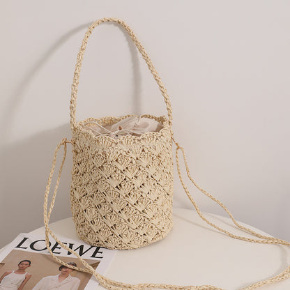 Ielgy Niche Design Straw Bucket Bag French Retro Crossbody Portable Woven Vacation Beach Bag