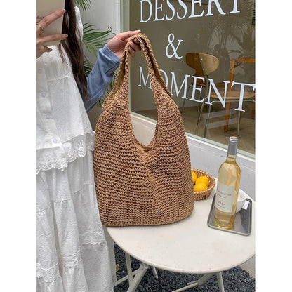 Ielgy Seaside Vacation Straw Bag Beach Bag One Shoulder Mori Style Hand-woven Bag Large Capacity