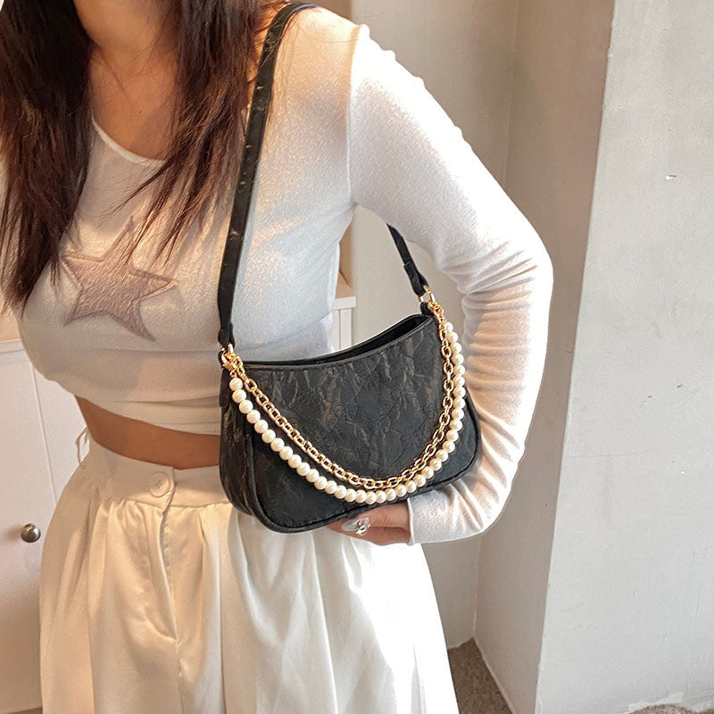 Ielgy Pearl Chain Bag Fashion Underarm Bag All-Match One-Shoulder Messenger Small Square Bag
