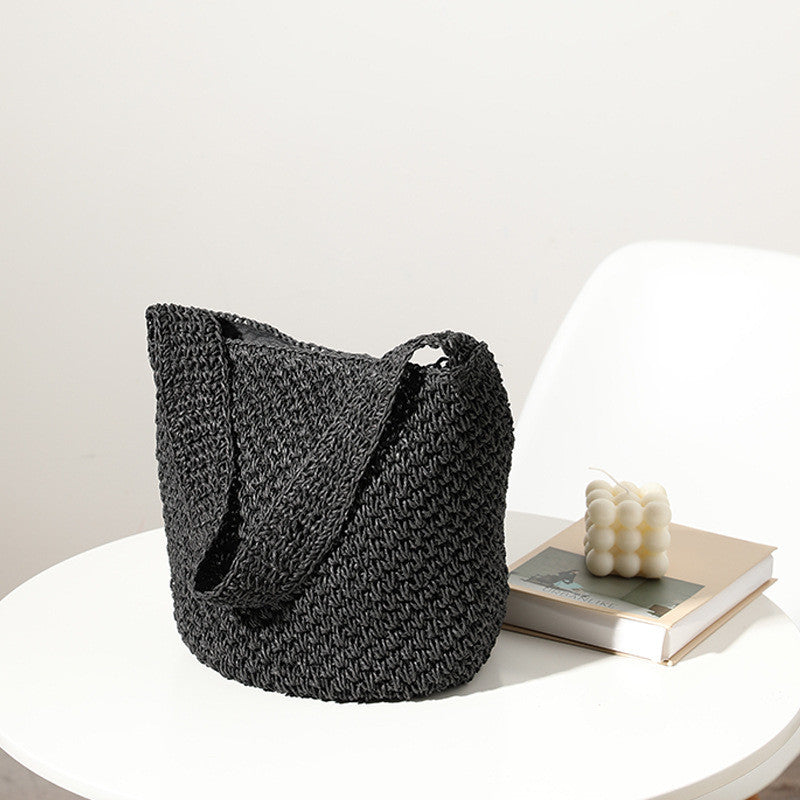 Ielgy Ladies Hand-Woven Bucket Bag Seaside Vacation Beach Bag