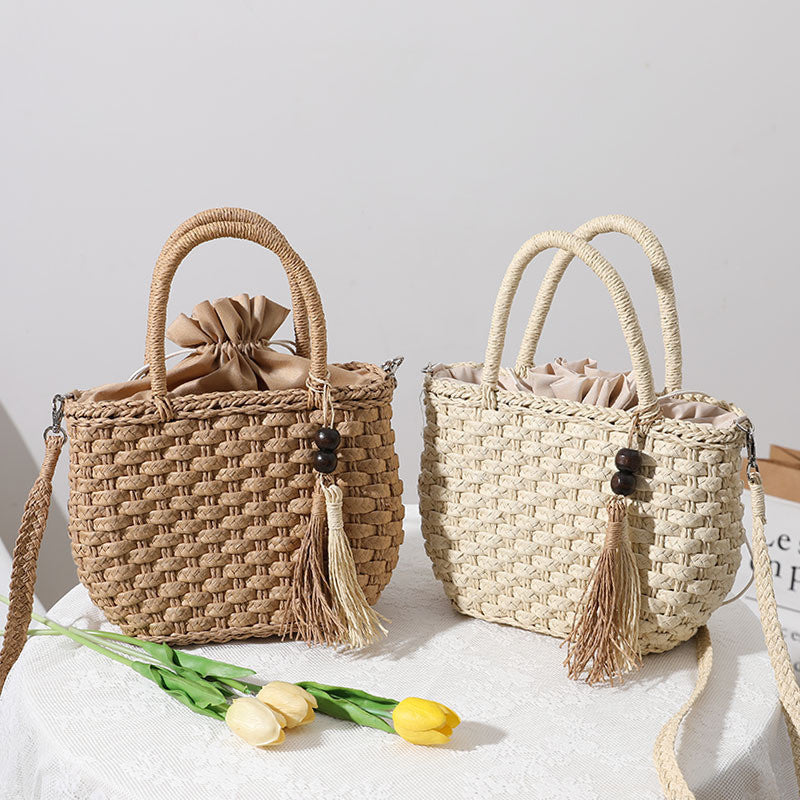 Ielgy Straw Bag Cute Handmade Bucket Rattan Bag One Shoulder Messenger Woven Bag