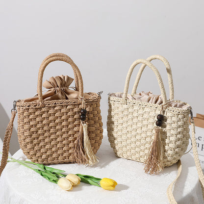 Ielgy Straw Bag Cute Handmade Bucket Rattan Bag One Shoulder Messenger Woven Bag