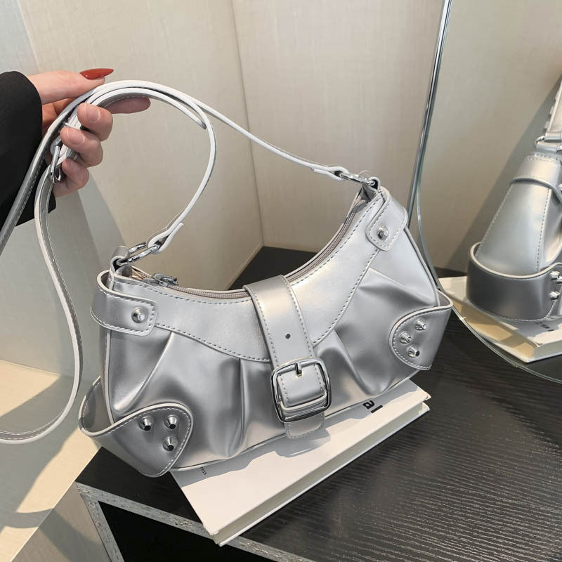 Ielgy Folded Motorcycle Style One-Shoulder Underarm Silver Bag Ladies Fashion Commuter Diagonal Small Square Bag