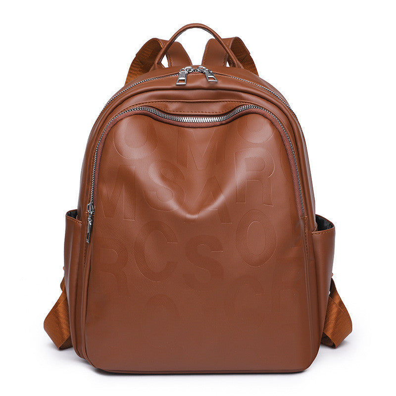 Ielgy Ladies PU Soft Leather Texture Backpack Fashion Letter Printing Travel Bag Simple Lightweight Commuter Bag