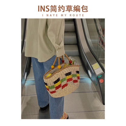 Ielgy Cute Wooden Bead Portable Straw Bag Small Fresh Colorful Lattice Hand-Carrying Woven Bag Fruit Picnic Basket Beach Bag