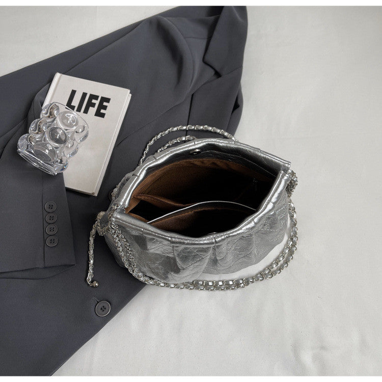 Ielgy Ladies Silver Tote Bag Korean Version Work Commuter Large-Capacity Pleated One-Shoulder Armpit Bag