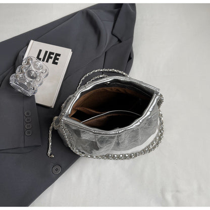 Ielgy Ladies Silver Tote Bag Korean Version Work Commuter Large-Capacity Pleated One-Shoulder Armpit Bag