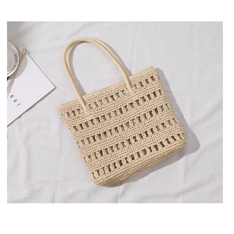 Ielgy Large-Capacity Straw Bag Hollow Classy One-Shoulder Portable Woven Female Bag Vacation Rattan