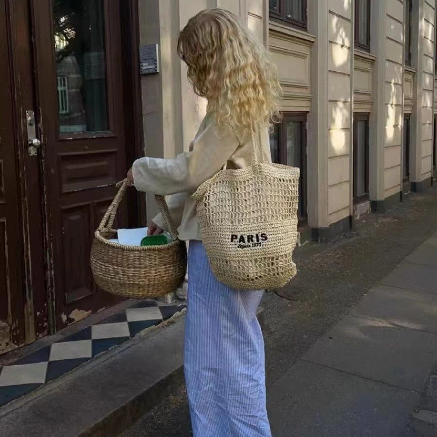 Ielgy Letter Embroidery One-Shoulder Straw Bag All-Match Large-Capacity Woven Vacation Beach Female Bag