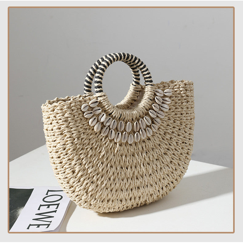 Ielgy Ladies Retro Straw Woven Portable Semicircle Shell Hand-Woven Seaside Vacation Beach Bag
