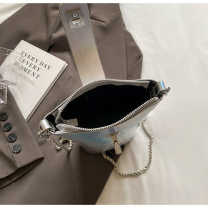 Ielgy Korean Version Casual Silver Bucket Bag Fashion Simple Shoulder Ladies Cross-body Mobile Phone Bag