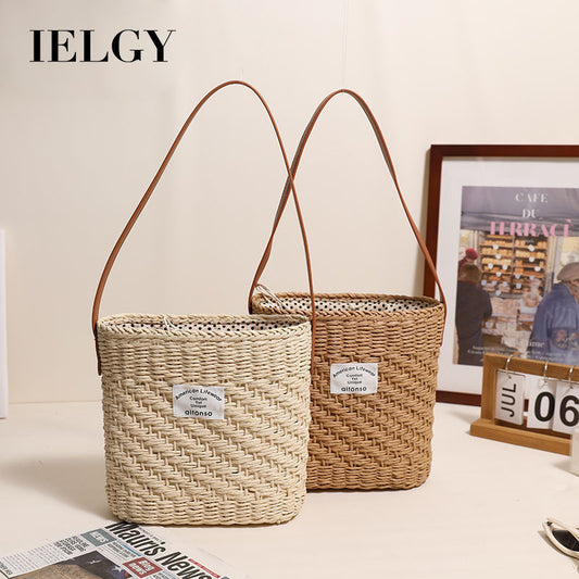 Ielgy All-Match Square Shoulder Straw Bag Ladies Simple Underarm Woven Bag Vacation Style Beach Bag
