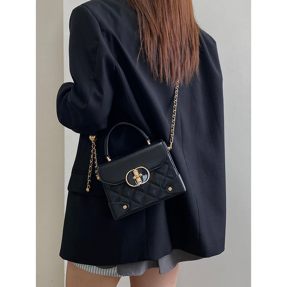 Ielgy Ladies Black Box Bag High-End Feeling All-Match Diamond One-Shoulder Messenger Bag