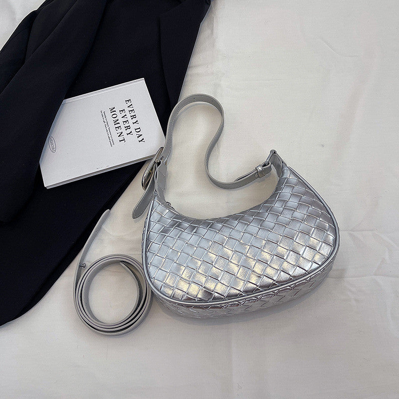 Ielgy High-End Feeling Silver Underarm Bag Korean Version Fashion Trendy Dumpling Bag Niche Woven Large-Capacity Simple Shoulder Bag