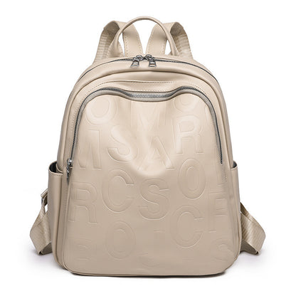 Ielgy Ladies PU Soft Leather Texture Backpack Fashion Letter Printing Travel Bag Simple Lightweight Commuter Bag