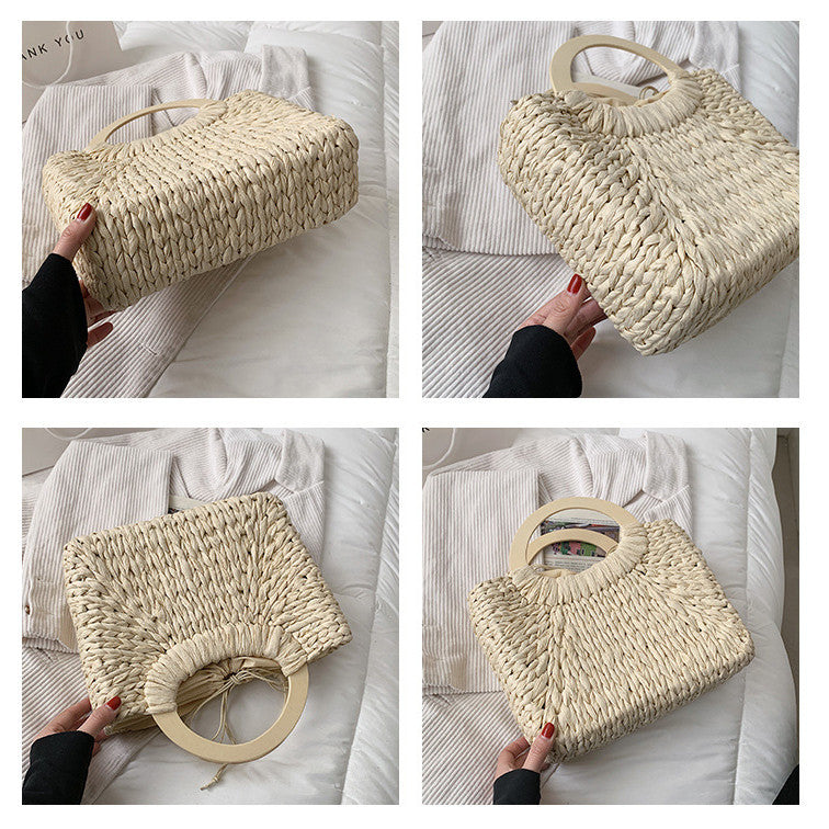 Ielgy Hand-Woven Bag Summer Beach Bag Fashion Retro Portable Straw Bag