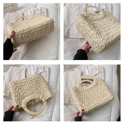Ielgy Hand-Woven Bag Summer Beach Bag Fashion Retro Portable Straw Bag