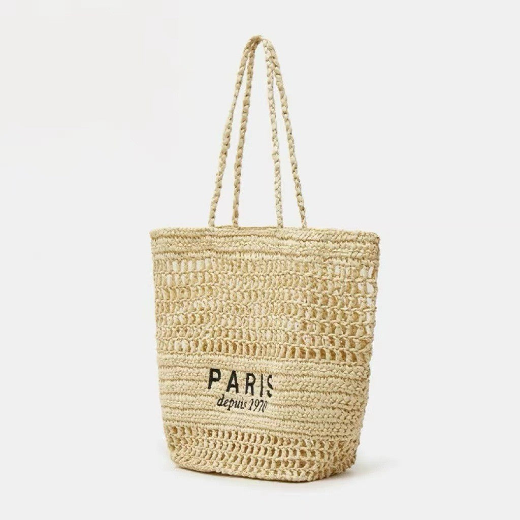 Ielgy Letter Embroidery One-Shoulder Straw Bag All-Match Large-Capacity Woven Vacation Beach Female Bag
