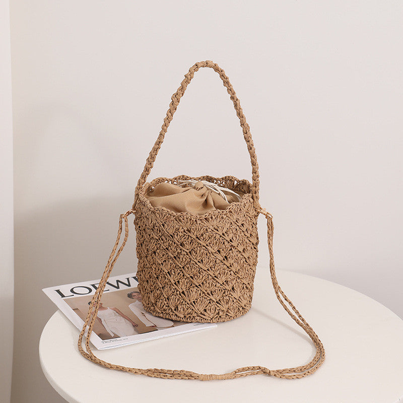 Ielgy Niche Design Straw Bucket Bag French Retro Crossbody Portable Woven Vacation Beach Bag