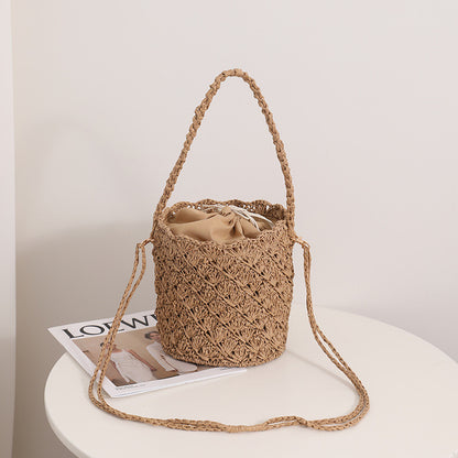 Ielgy Niche Design Straw Bucket Bag French Retro Crossbody Portable Woven Vacation Beach Bag