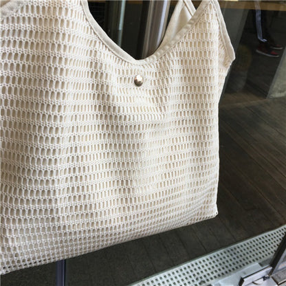 Ielgy Ladies Korean Version Canvas Beach Bag Small Fresh Large Capacity Fishnet Tote Bag