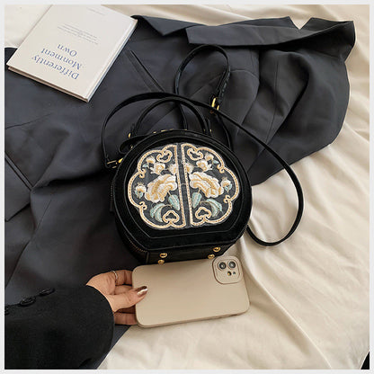 Ielgy Fashion Niche Embroidery Bag New Chinese Style All-Match Cross-Body Portable Small Round Bag
