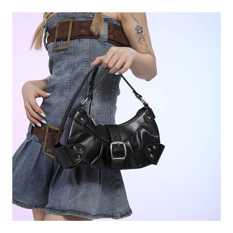 Ielgy Folded Motorcycle Style One-Shoulder Underarm Silver Bag Ladies Fashion Commuter Diagonal Small Square Bag