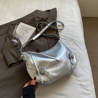 Ielgy Large-Capacity Commuter Underarm Bag Ladies Silver Trendy Fashion Niche Shoulder Bag Texture All-Match Mess