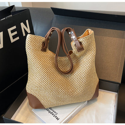 Ielgy Ladies Hand-Woven Straw Woven All-Match Large-Capacity Retro One-S