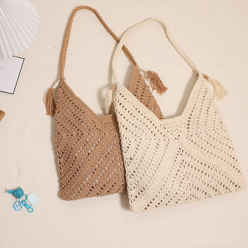 Ielgy All-Match Triangle Hollow Cross-Body Cotton Thread Woven Female Bag Leisure Straw Woven Vac