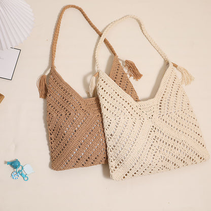 Ielgy All-Match Triangle Hollow Cross-Body Cotton Thread Woven Female Bag Leisure Straw Woven Vac