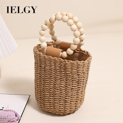 Ielgy Cute Beaded Portable Straw Bucket Bag Hand-Carrying Straw Bag Vacation Style Beach Woven Bag All-Match