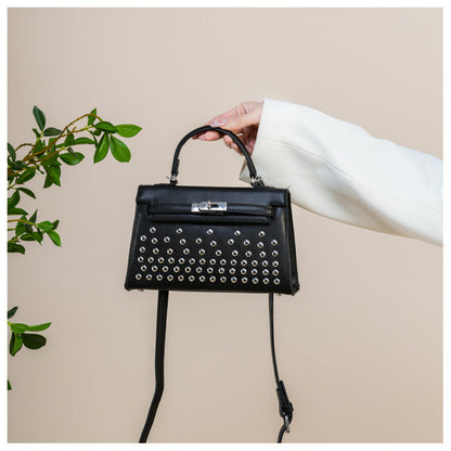 Ielgy Ladies Black Rivet Silver Buckle Messenger Bag
