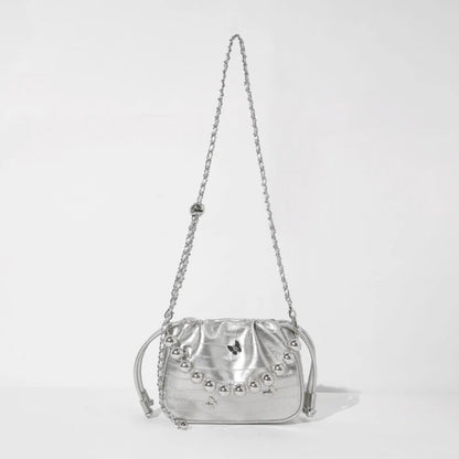 Ielgy Simple Fashion Bucket Female Bag Silver Shoulder Messenger Bag Drawstring Butterfly Eel Portable Small Square Bag