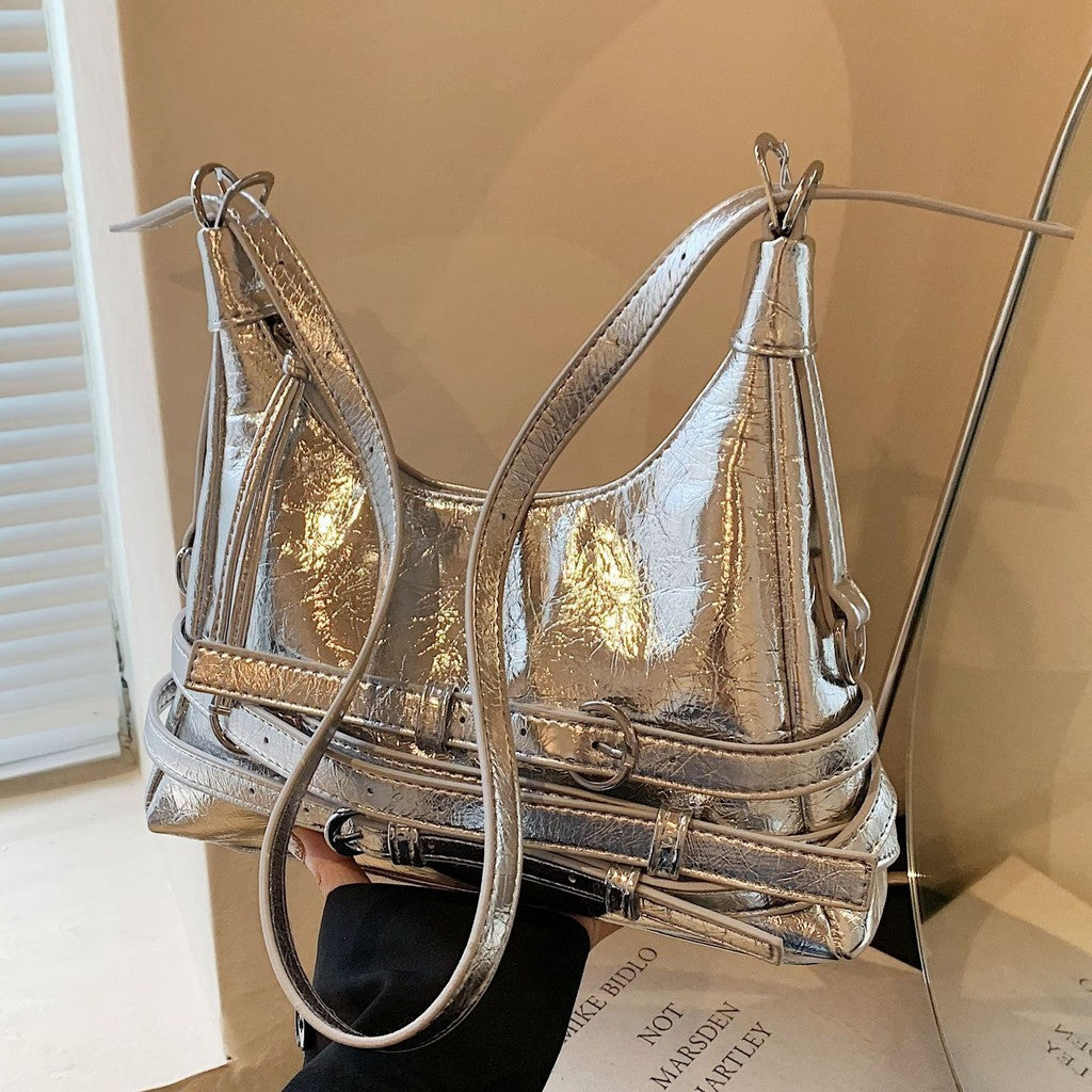 Ielgy Retro Hot Girl Style Large-Capacity Silver Stray Bag Fashionable All-Match One-Shoulder Messenger Underarm Bag Trendy