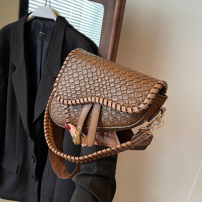 Ielgy Ladies Fashion One-Shoulder Messenger Bag Imitation Woven Fabric Large-Capacity Portable Saddle Bag