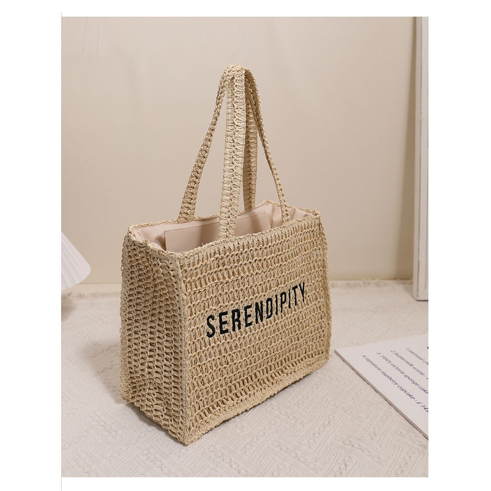 Ielgy Ladies Square Straw Bag Letter Embroidery One-Shoulder Portable Large-Capacity Woven Bag Vacation Be