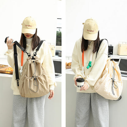 Ielgy Korean Version Casual Literary Canvas Backpack Fashion Nylon Large Capacity School Bag Drawstring Pleated Backpack
