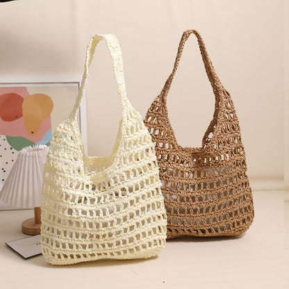 Ielgy French Large-Capacity One-Shoulder Straw Bag Seaside Vacation Hollow Tote Portable Beach Bag