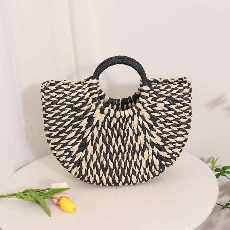 Ielgy Niche Semicircle Portable Straw Bag Retro Color Hand-Carrying Woven Seaside Vacation Beach Bag