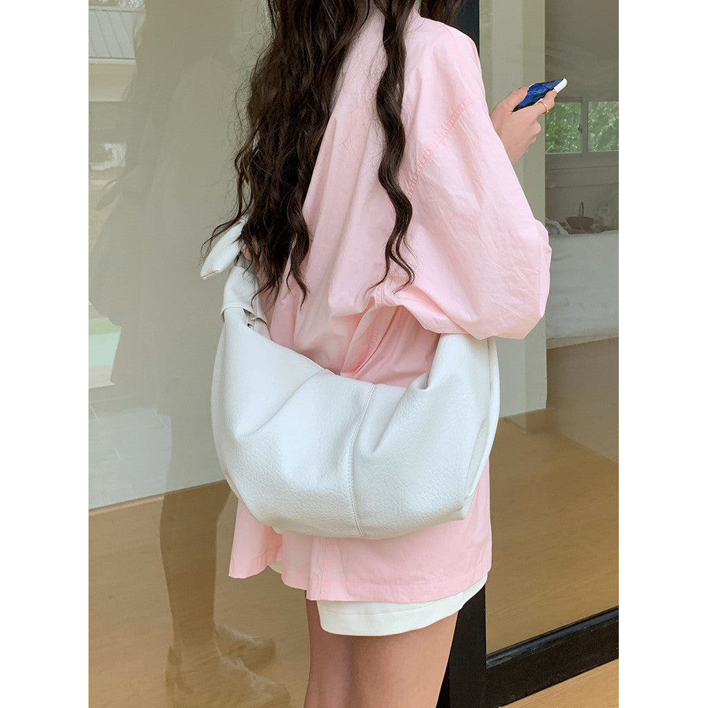 Ielgy Ladies Large-Capacity Retro Soft Leather Pleated Dumpling Bag Lazy Style Casual All-Match Croissant Shoulder Mess