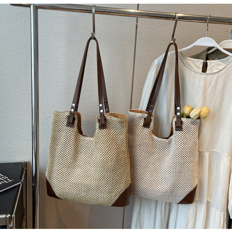 Ielgy Ladies Hand-Woven Straw Woven All-Match Large-Capacity Retro One-S