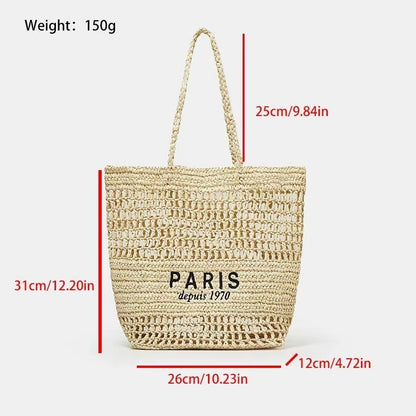 Ielgy Letter Embroidery One-Shoulder Straw Bag All-Match Large-Capacity Woven Vacation Beach Female Bag